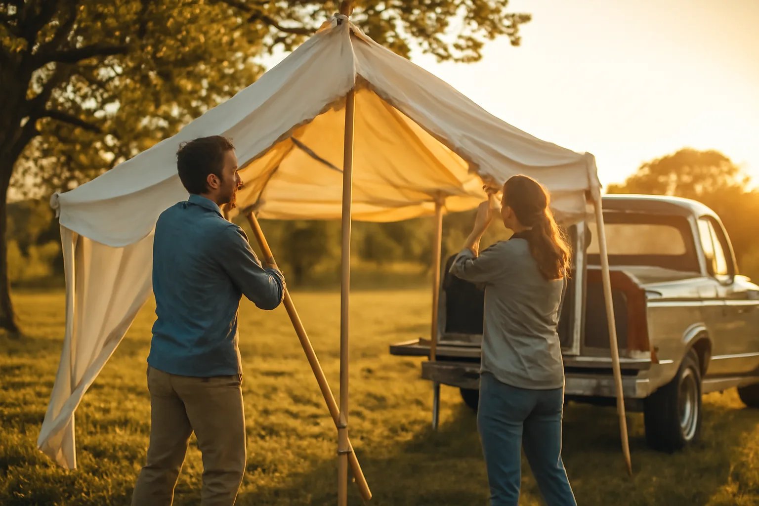 Workers raise a frame tent on grass for tent rental