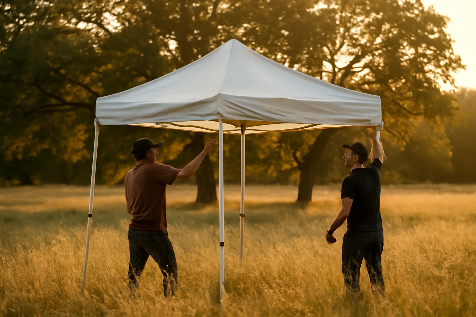 Two workers lift a white frame tent in a summer meadow
