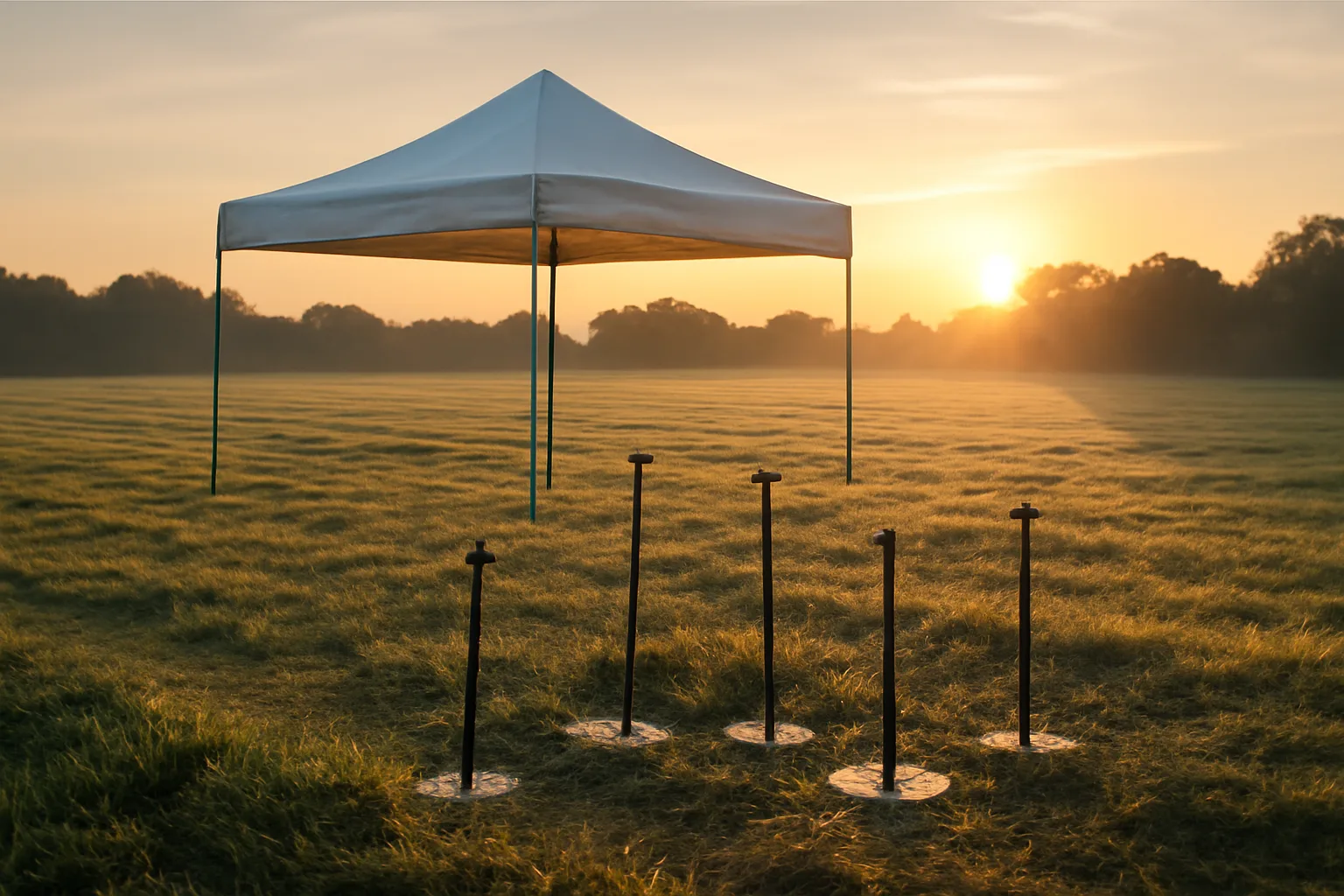 White frame tent ready for a tent rental install at sunrise