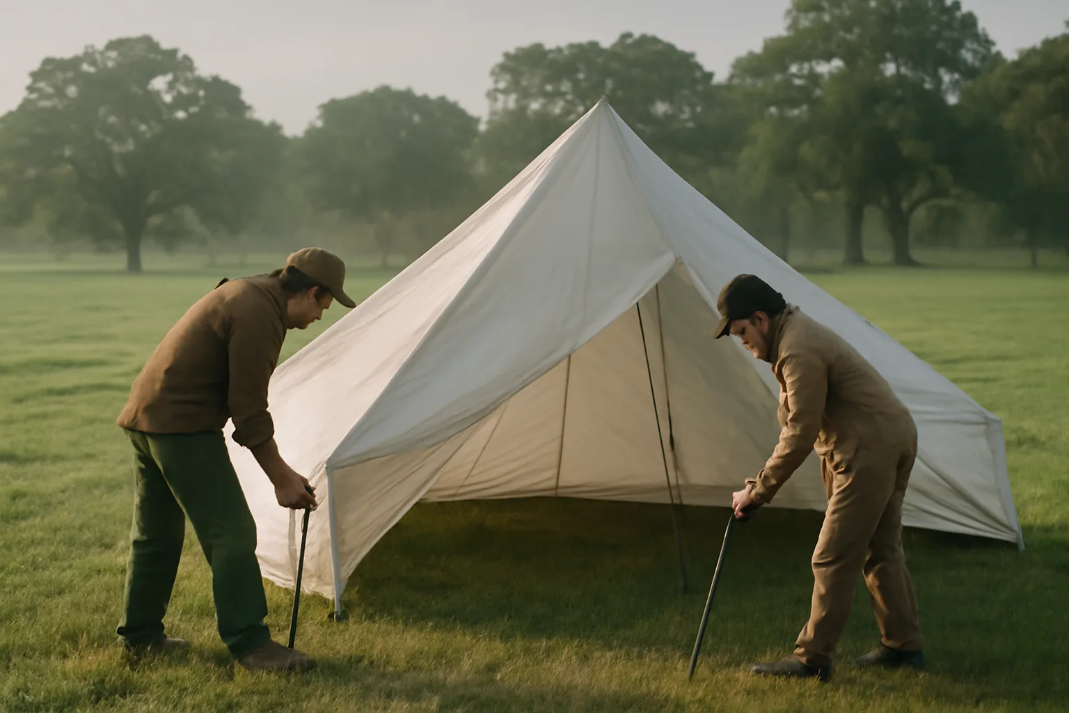 Workers staking a white tent rental frame in a pasture