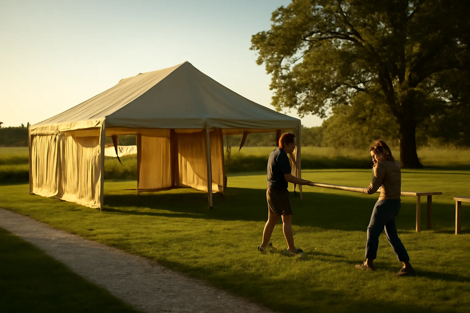 Beige frame tent set for a private tent rental event