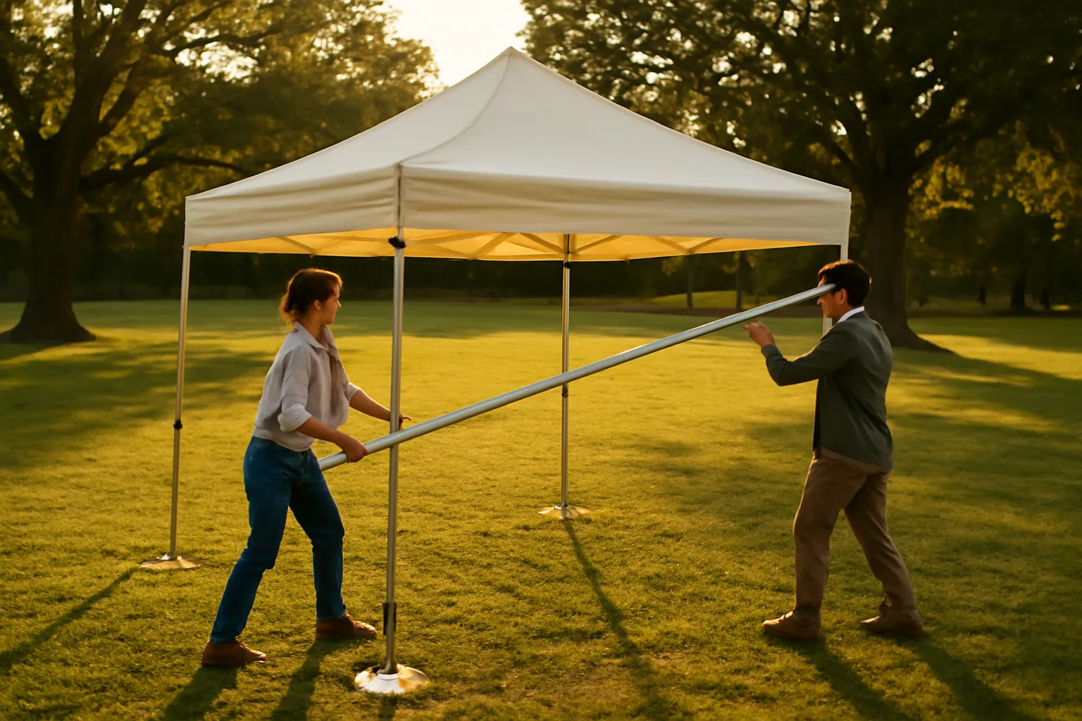 Two workers raise a rental frame tent on a grassy park lawn
