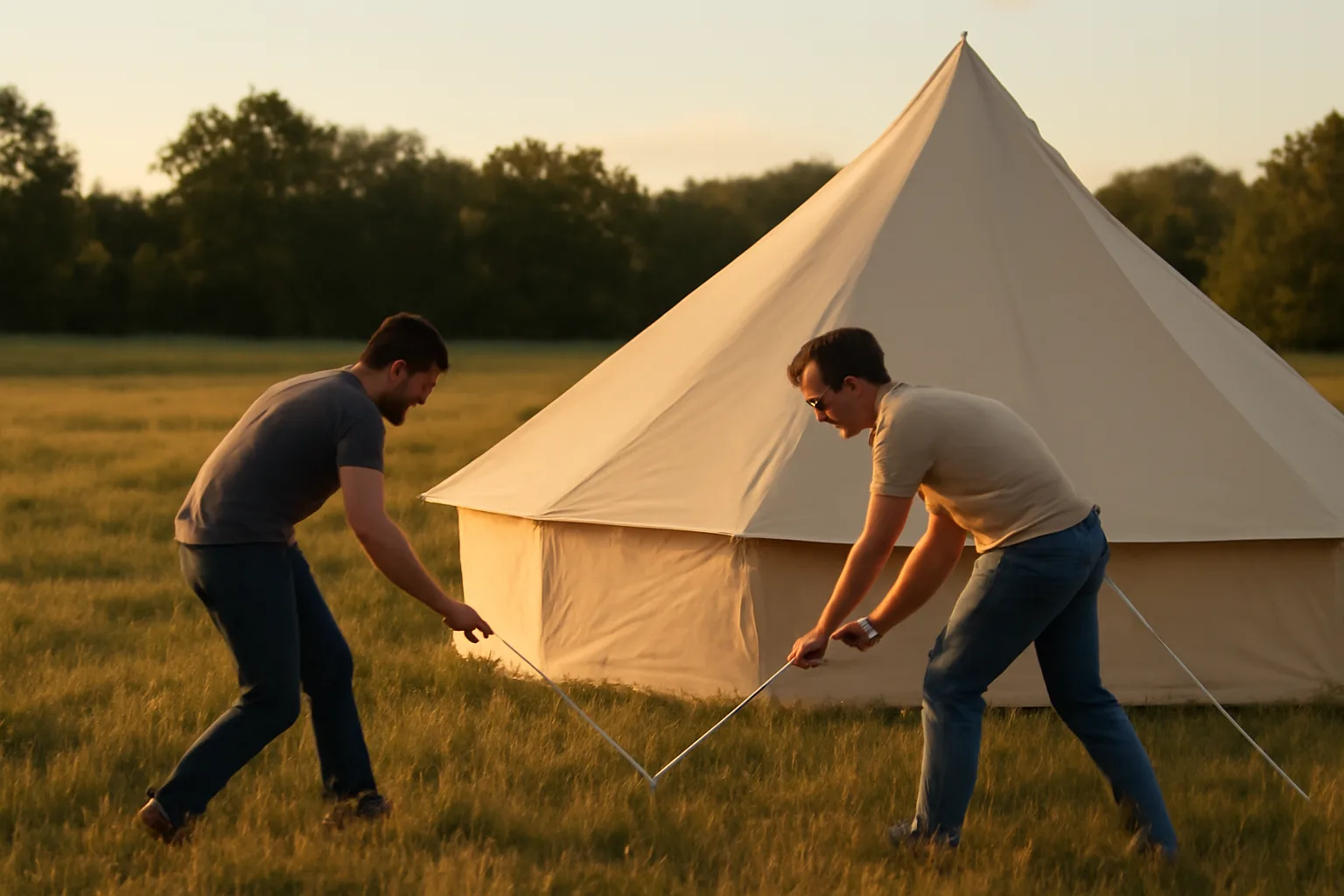Workers raising a frame tent on a grass field at dusk
