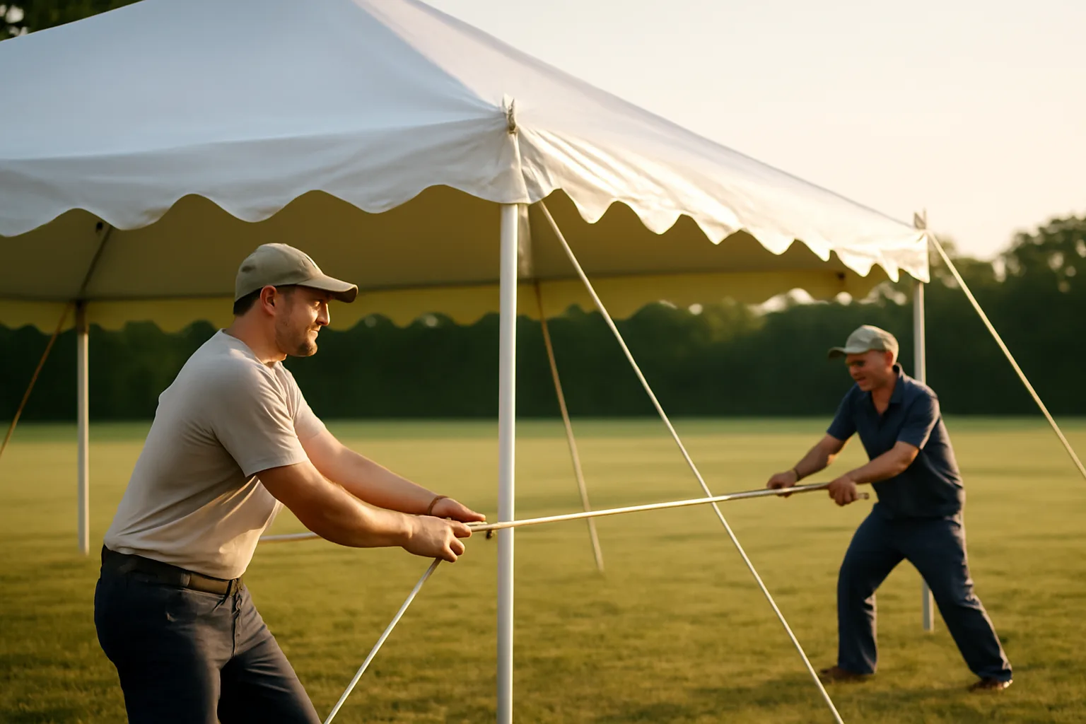 Workers install a white tent rental canopy on open grass
