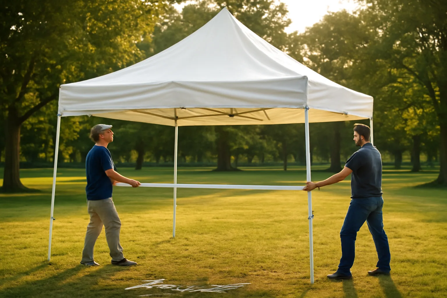 Workers raise a white rental tent on a grassy park lawn