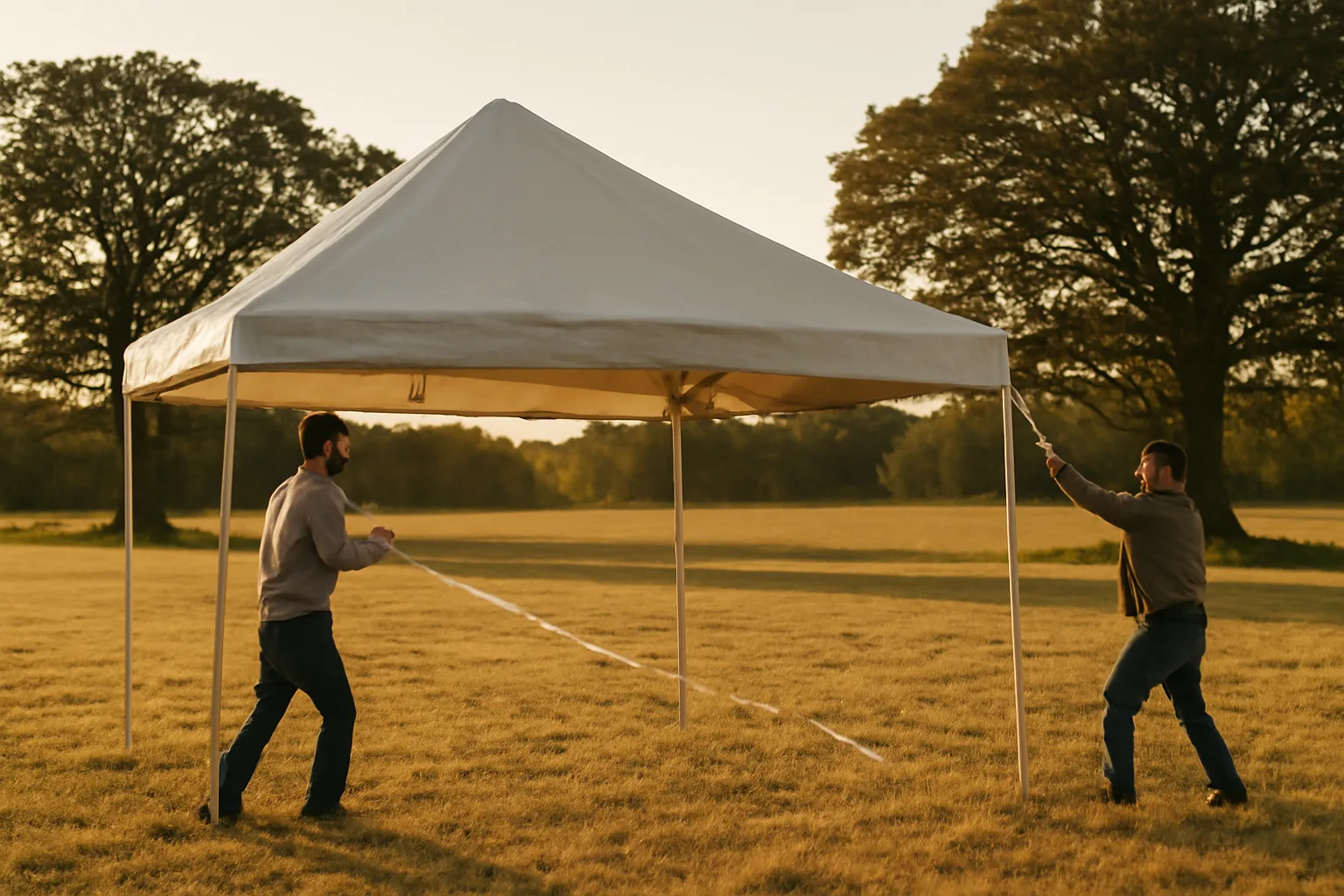 Workers raise a cream frame tent in a grassy pasture