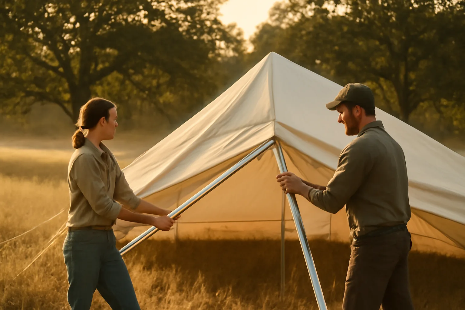 Two workers raise a cream event tent on a rural lawn
