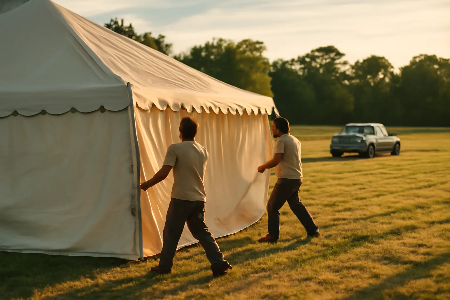 Cream rental tent and two workers on a mowed pasture
