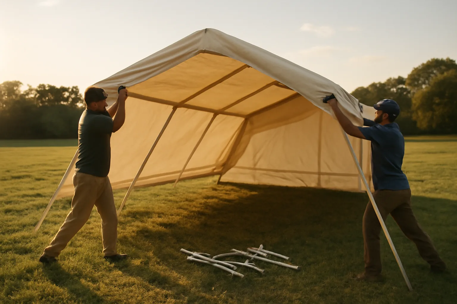 Frame tent going up in a field for tent rental work
