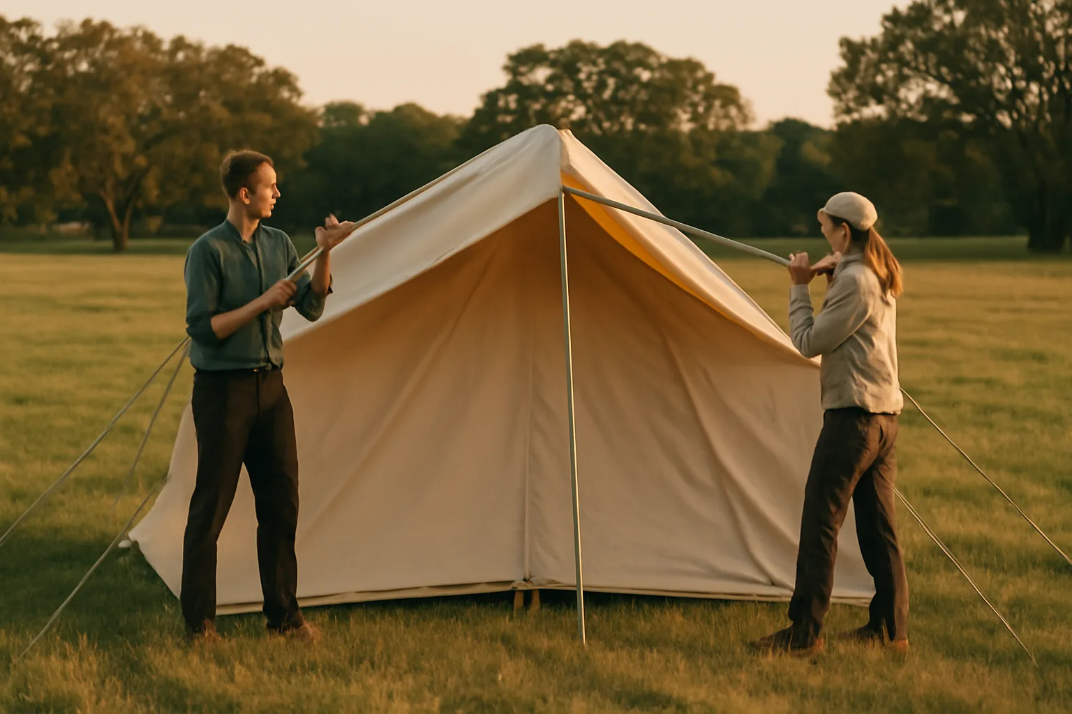 Crew raising a frame tent on a pasture at golden hour