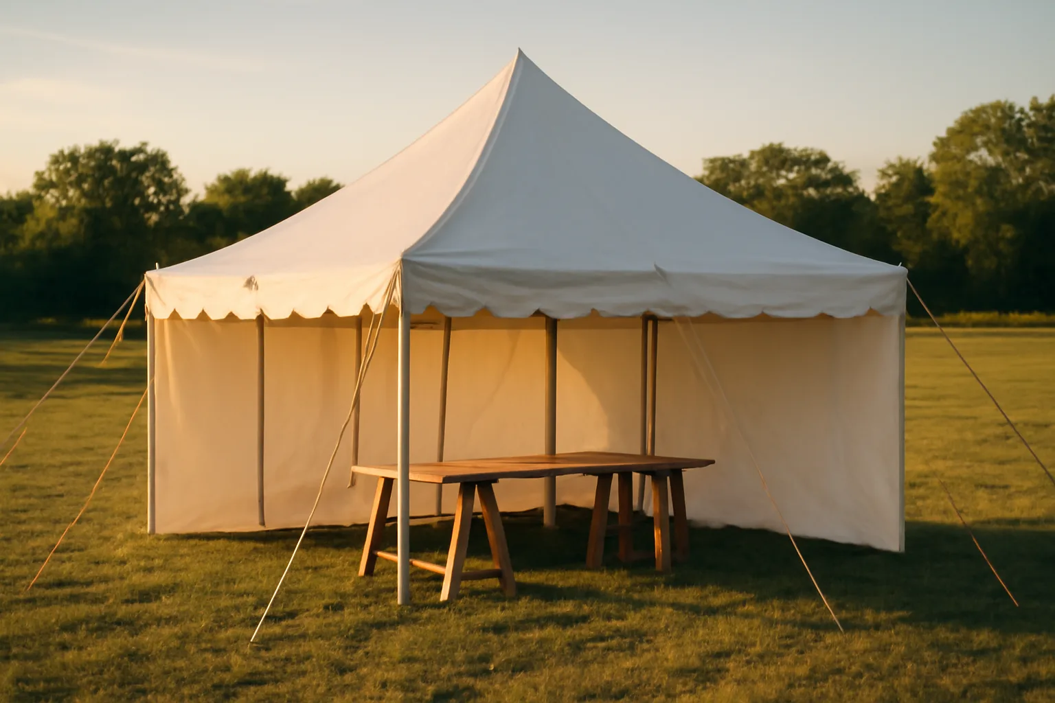 Frame tent set for an event rental on a mowed pasture