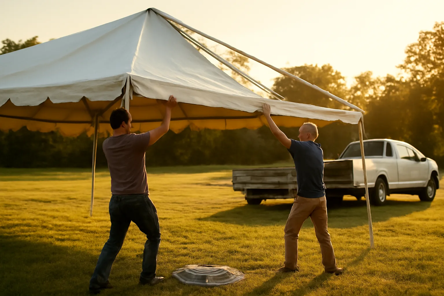 White frame tent staged on grass for a tent rental job