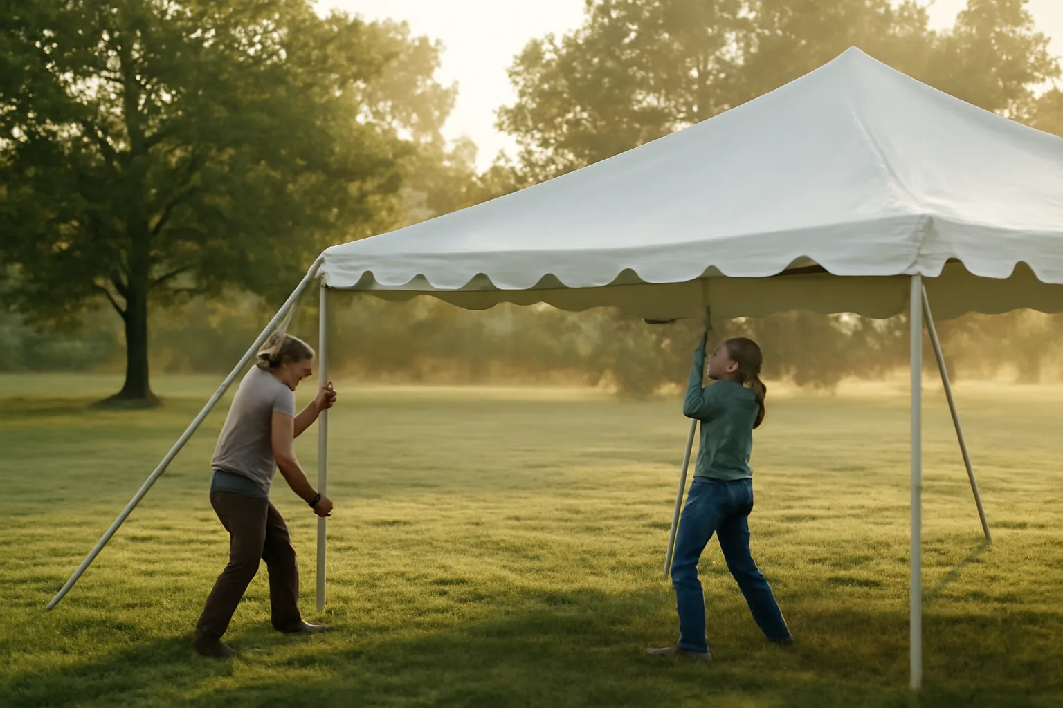 Two workers raise a white event tent on a grassy lawn