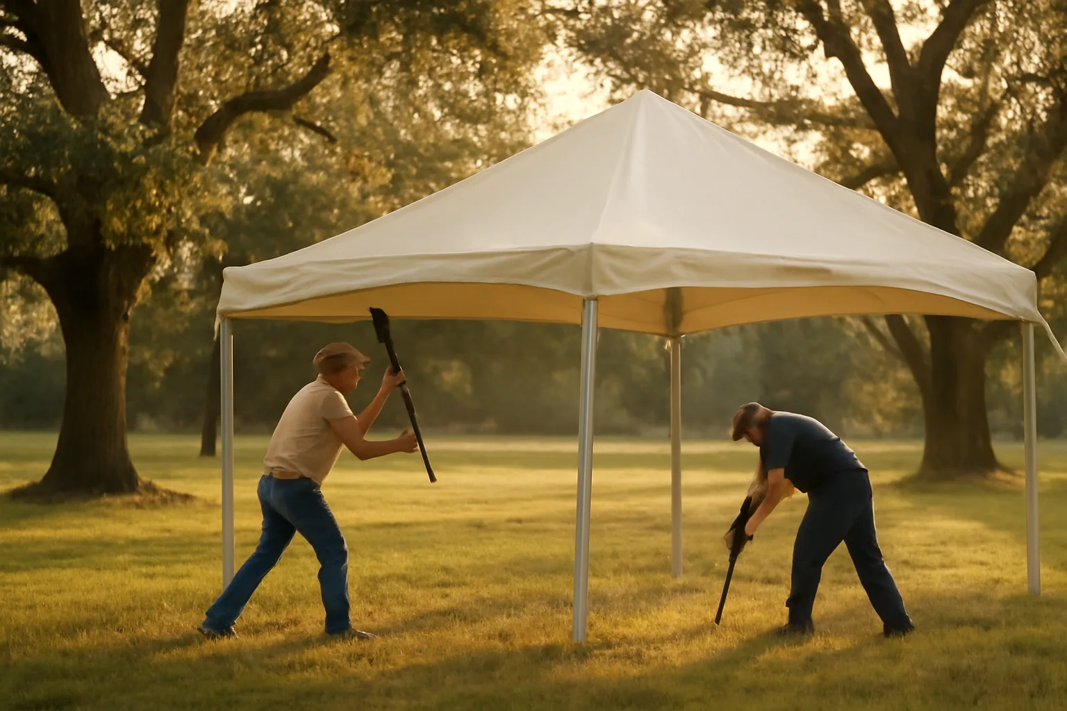 Workers stake a cream frame tent on a rural Alabama lawn