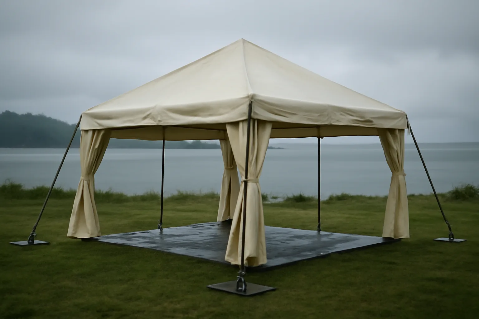 Cream frame tent staked on wet grass in Alaska