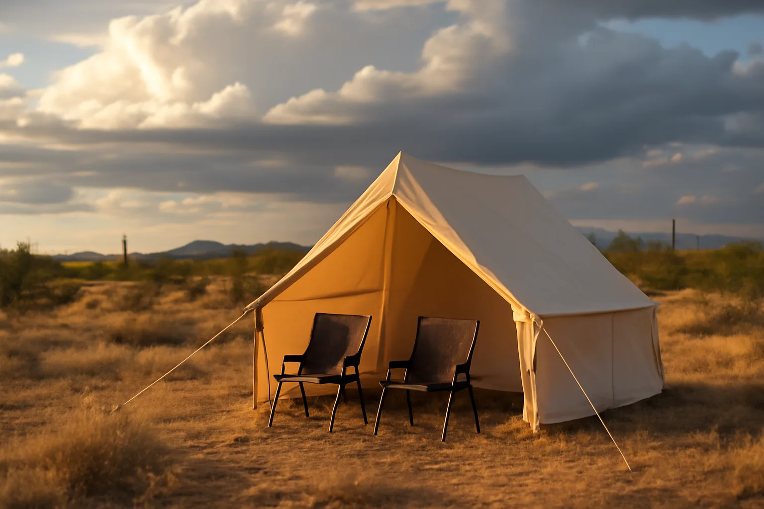 Beige frame tent staked on Arizona desert grass before monsoon clouds