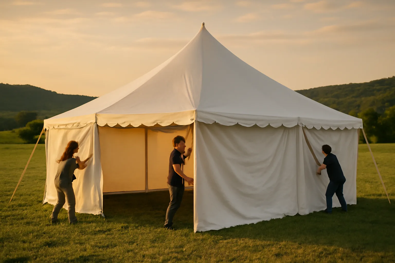 White frame tent being set up in a Tennessee field at golden hour