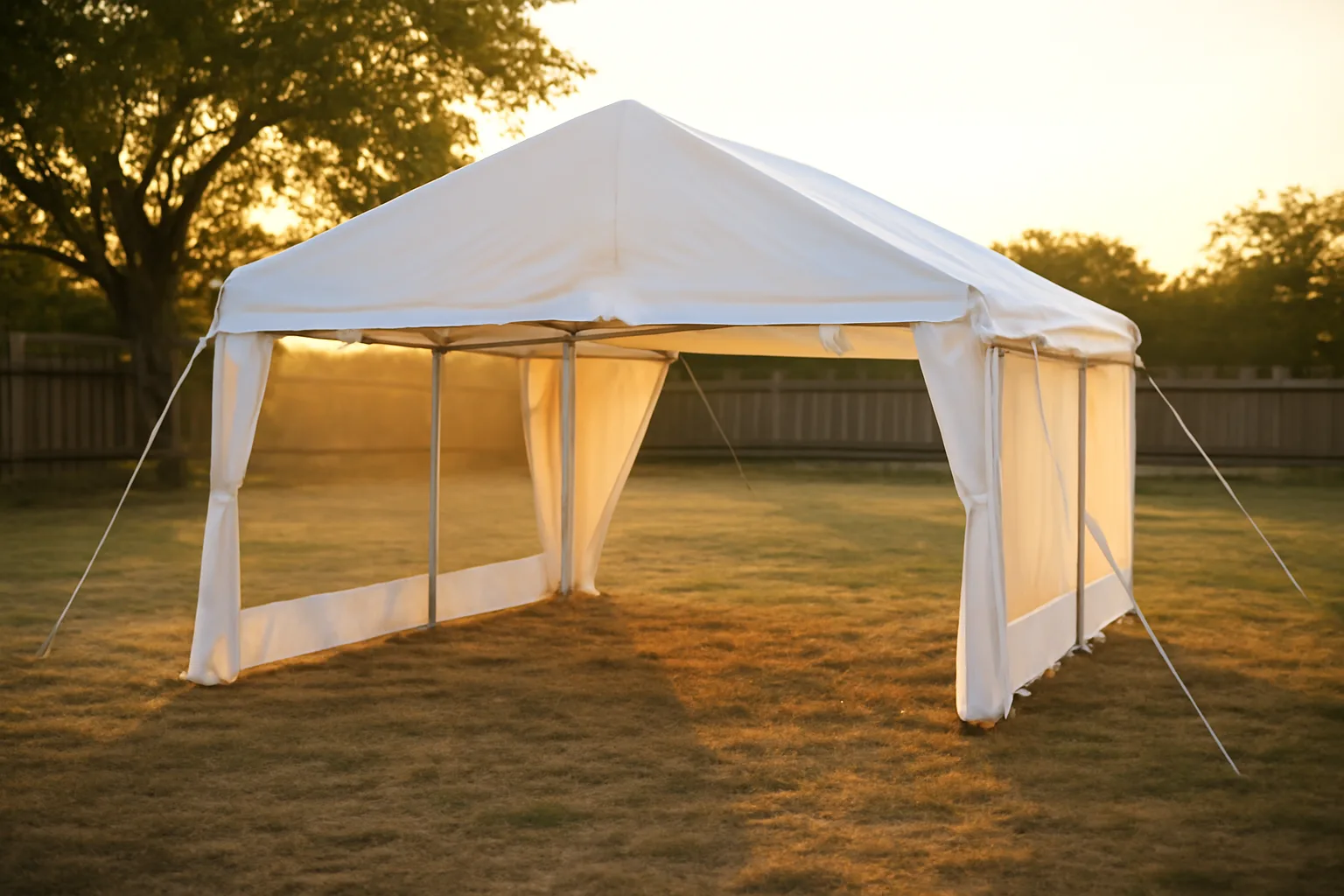 White frame tent pitched on a Texas lawn at sunset for an outdoor event