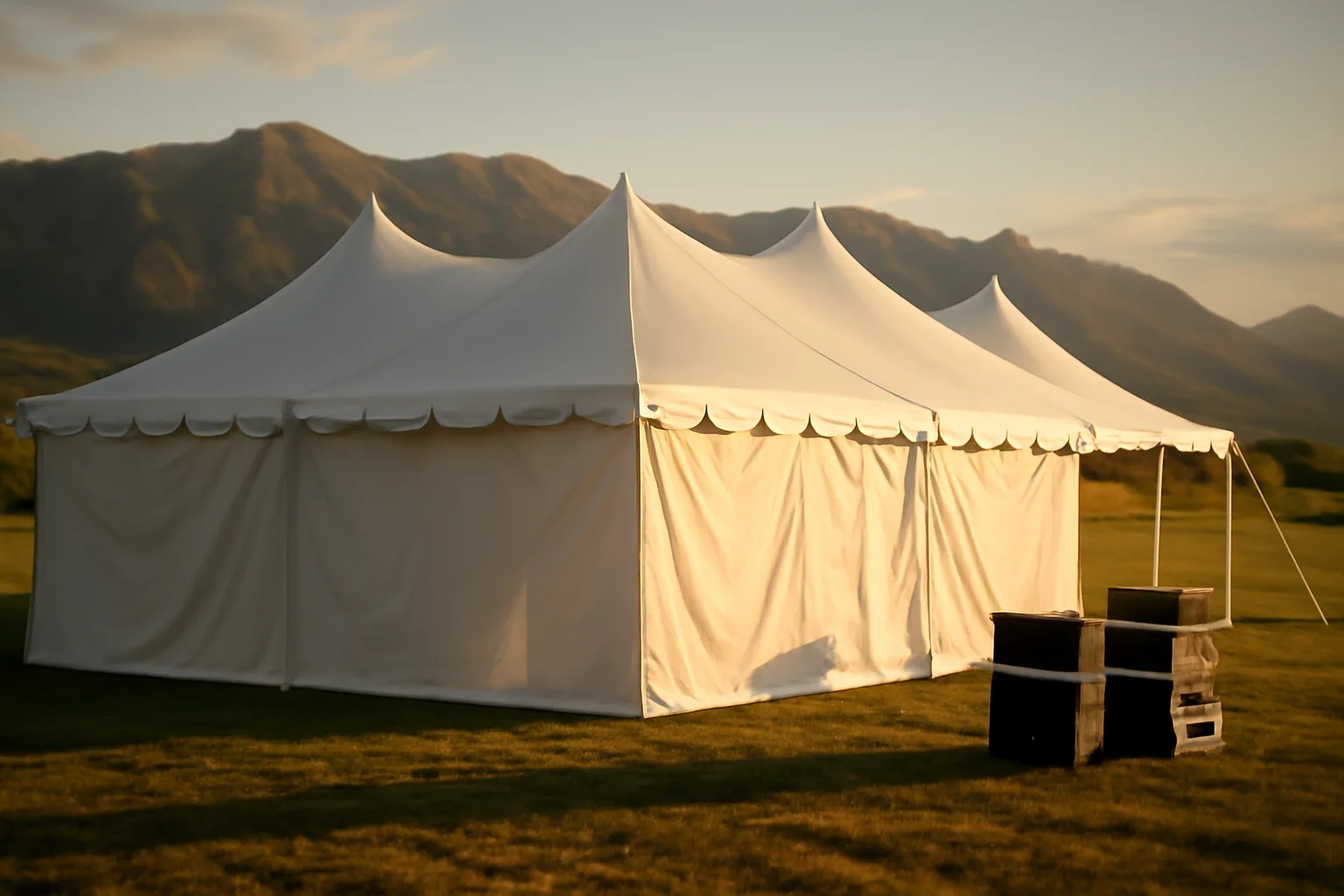 White frame tent on a Utah valley grass field with mountains behind at sunset