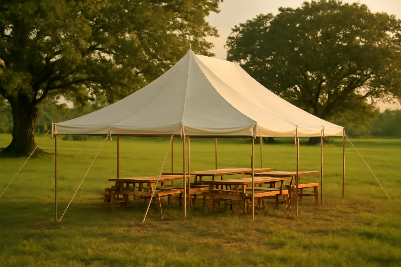 Frame tent staked in an Alabama pasture before a weekend rental