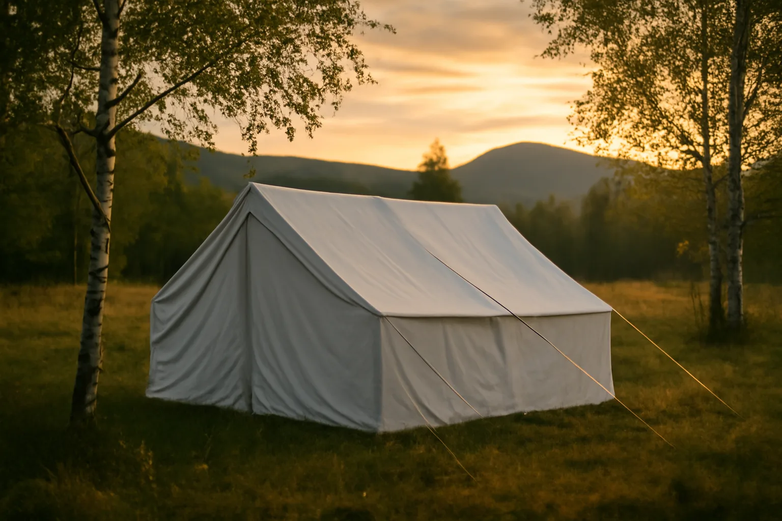White tent rental frame staked in an Alaska birch meadow