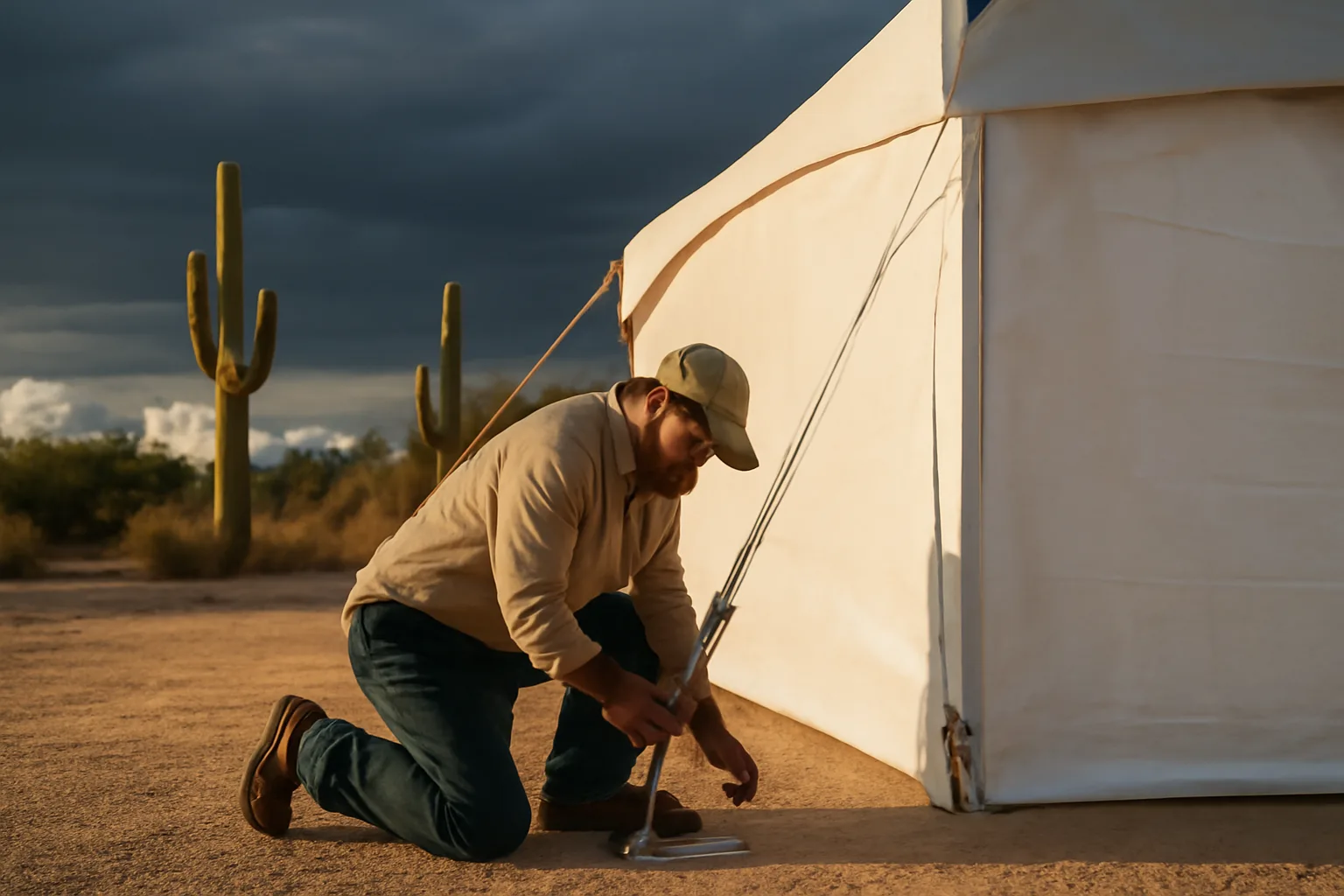 White frame tent staked on Arizona desert gravel at sunset