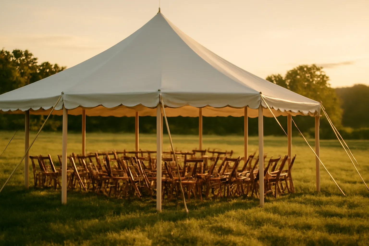 Large white pole tent on a Tennessee field with afternoon light and chairs inside