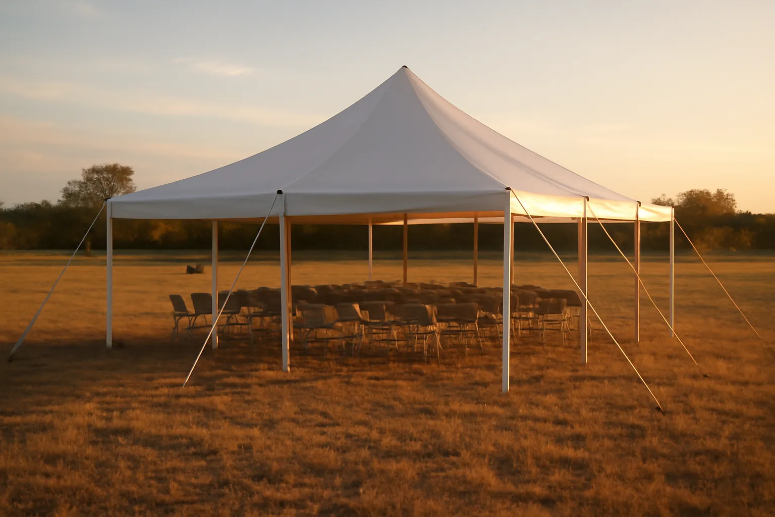 Large white frame tent erected on a Texas field at golden hour for an outdoor event