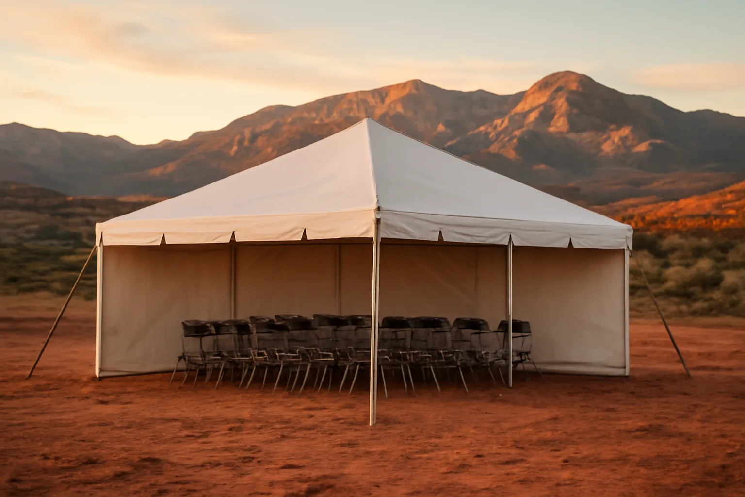 White frame tent set up on Utah terrain with Wasatch foothills at golden hour
