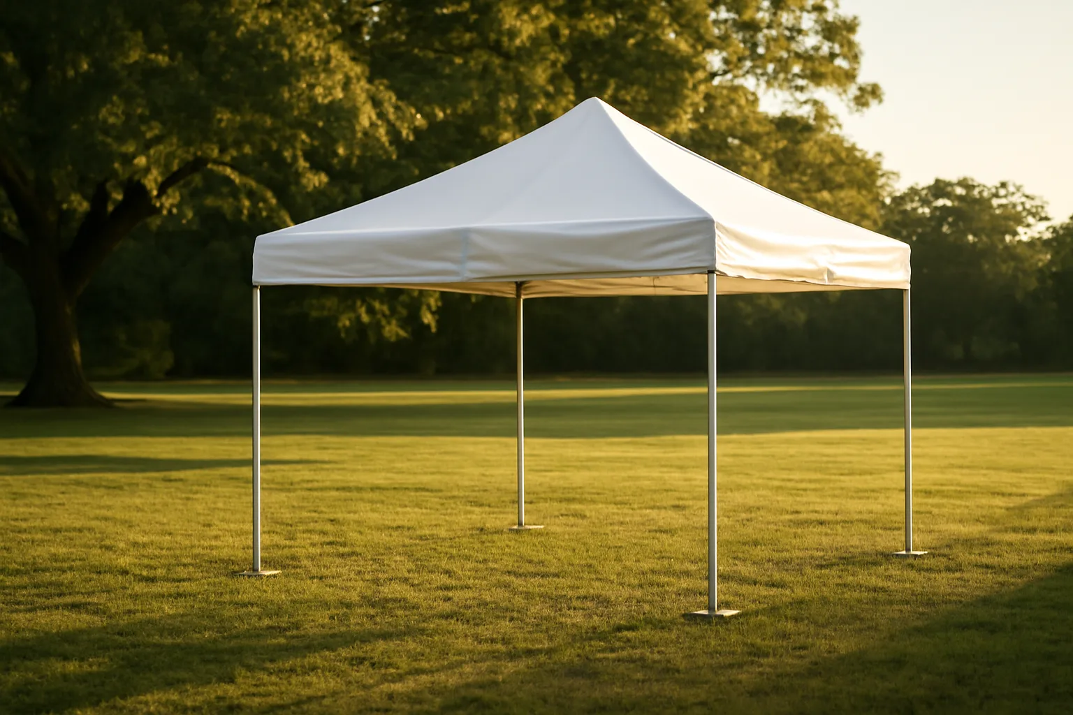 Empty white tent staked in an Alabama pasture at sunset
