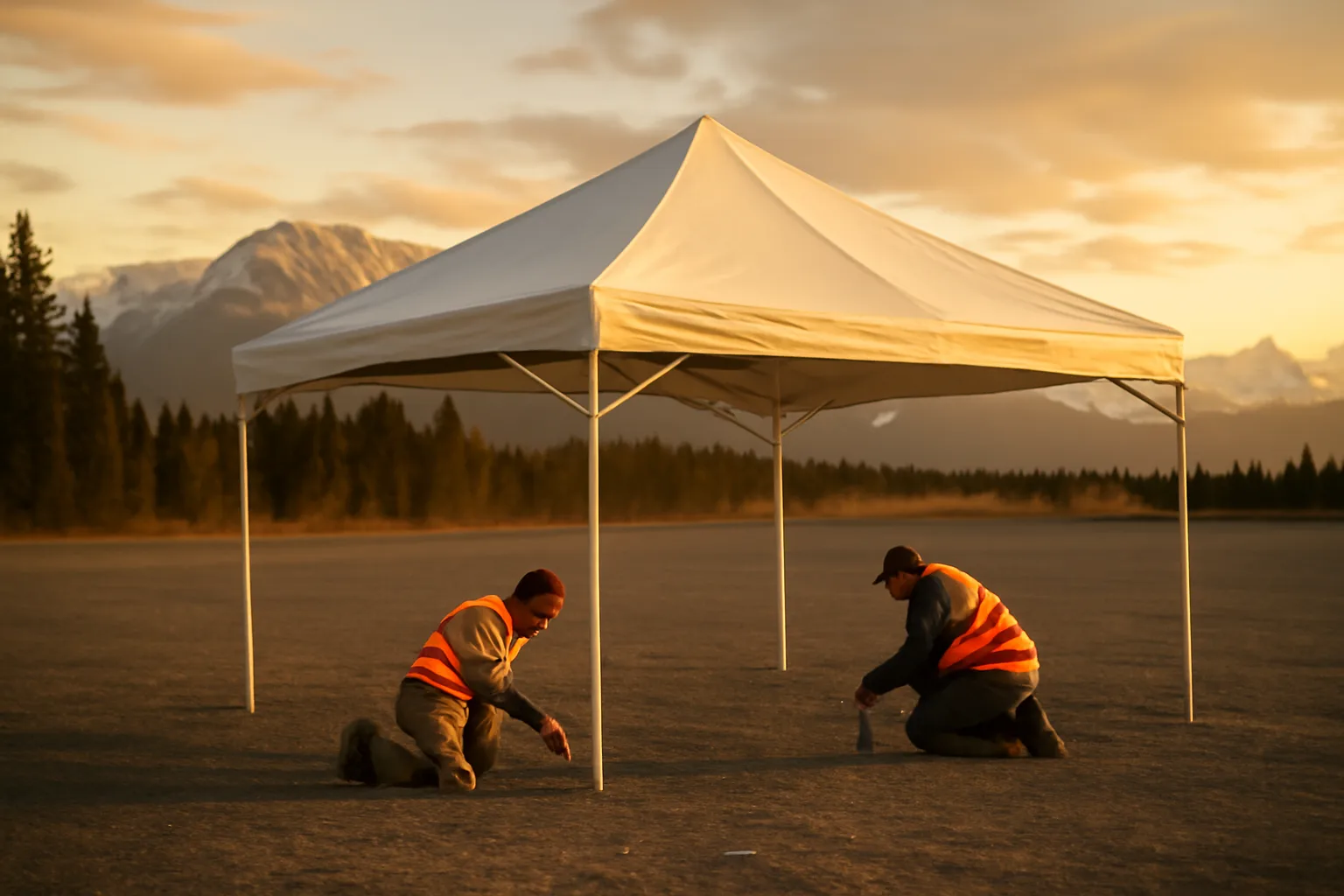 Workers stake a frame tent on Alaska gravel under mountain light