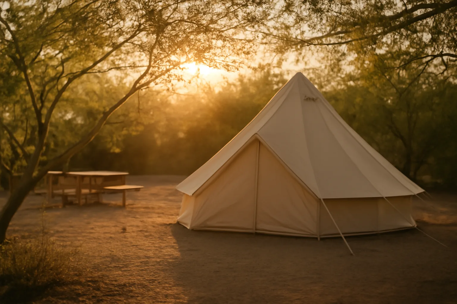 Beige frame tent staked in a Scottsdale backyard before guests arrive
