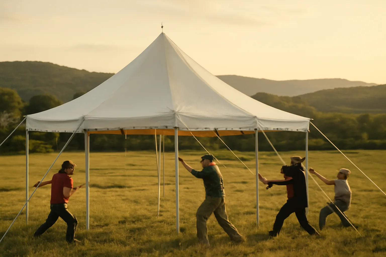 Crew setting up a large white frame tent in a Tennessee field at golden hour