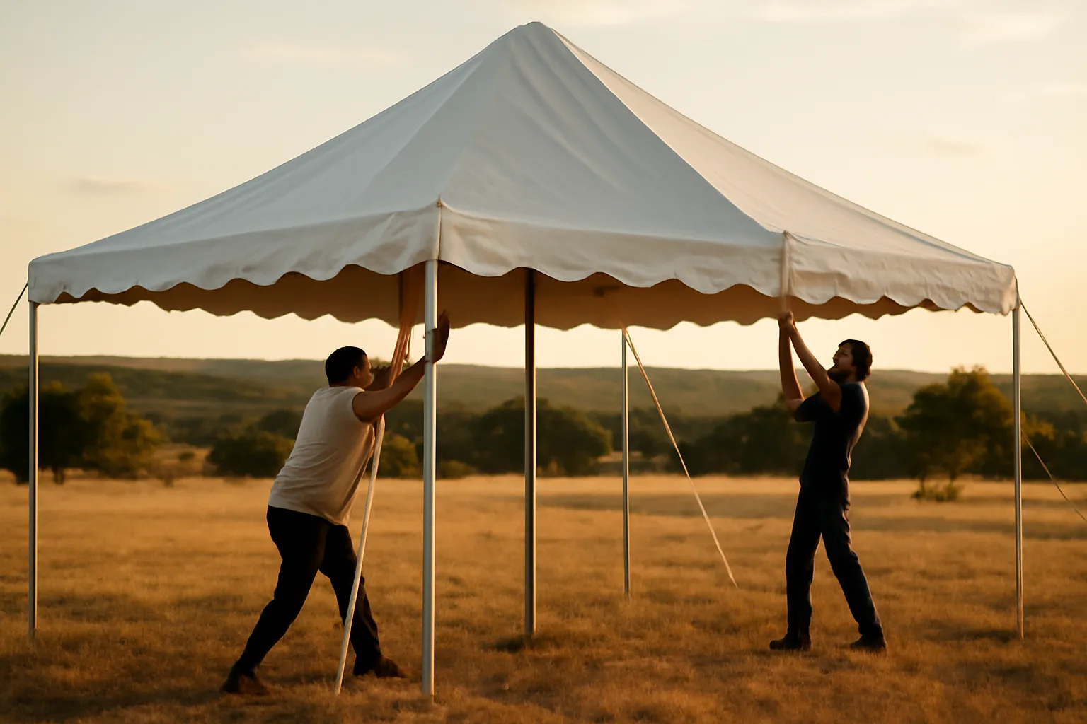 Workers setting up a large white frame tent in a Texas field at golden hour