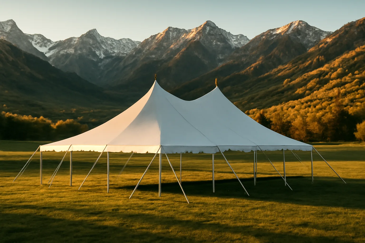 Large white event tent on a Utah mountain valley field at golden hour