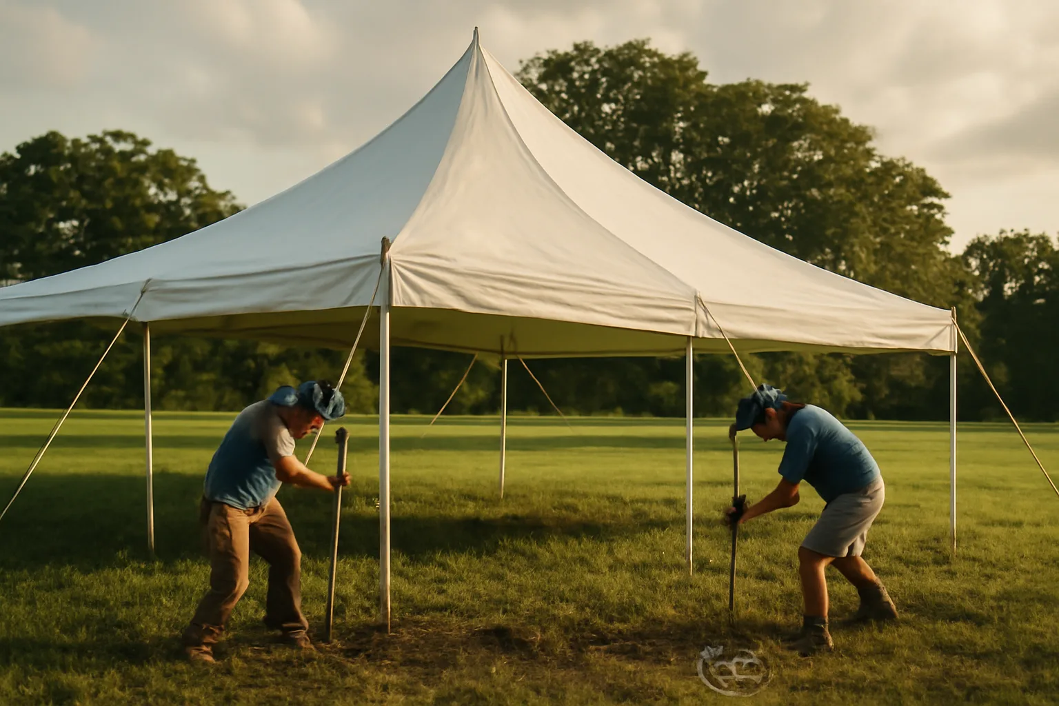 Crew staking a tent rental canopy in an Alabama field