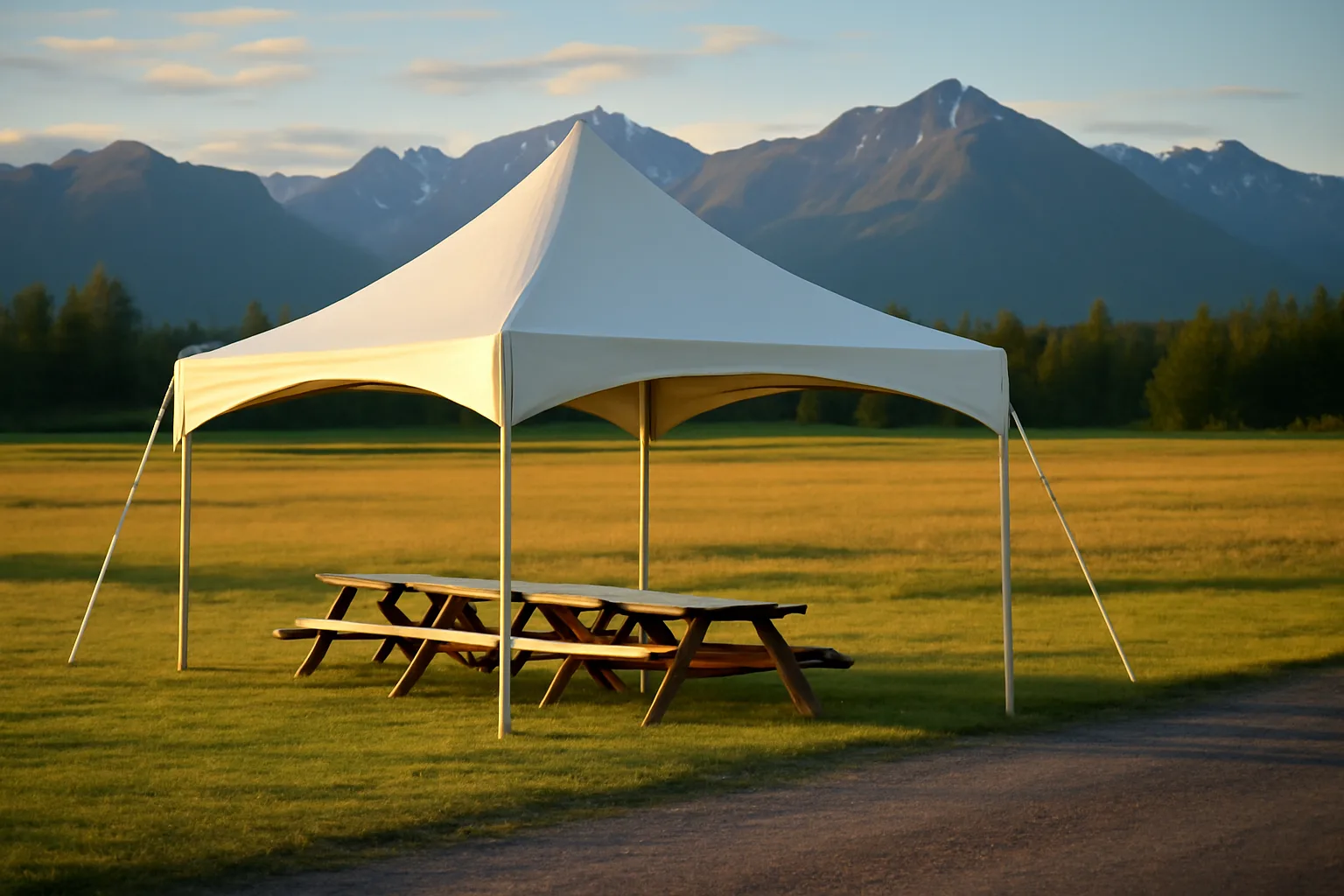 White frame tent rental staked in a Palmer, Alaska field