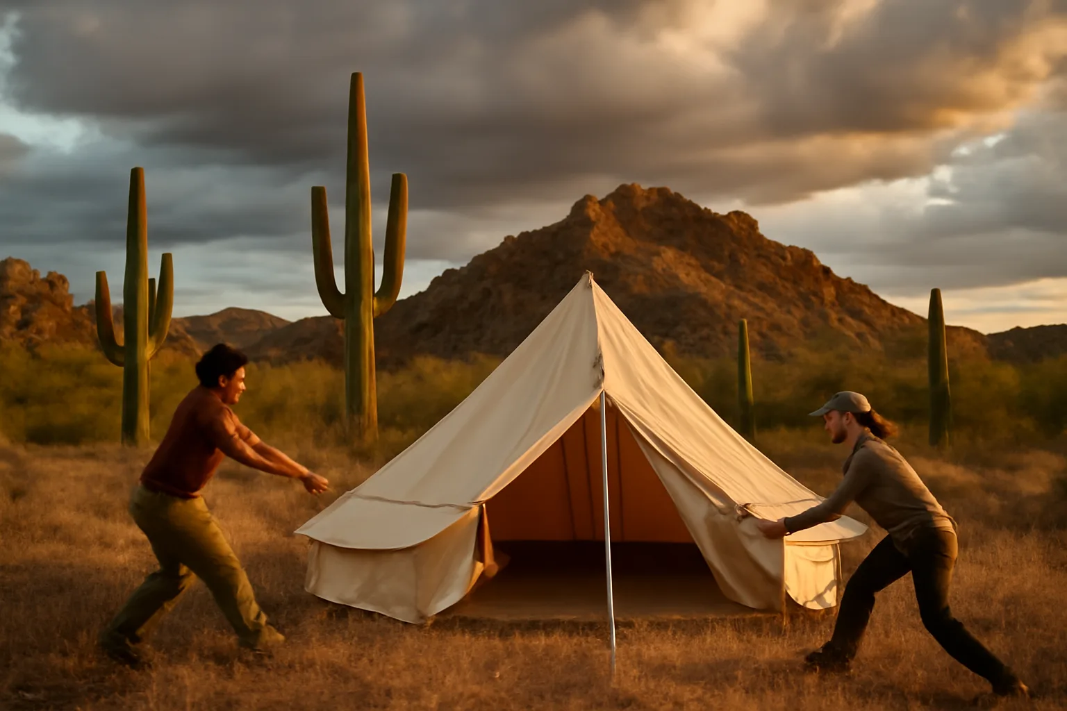 Arizona tent rental crew raising a cream desert frame tent