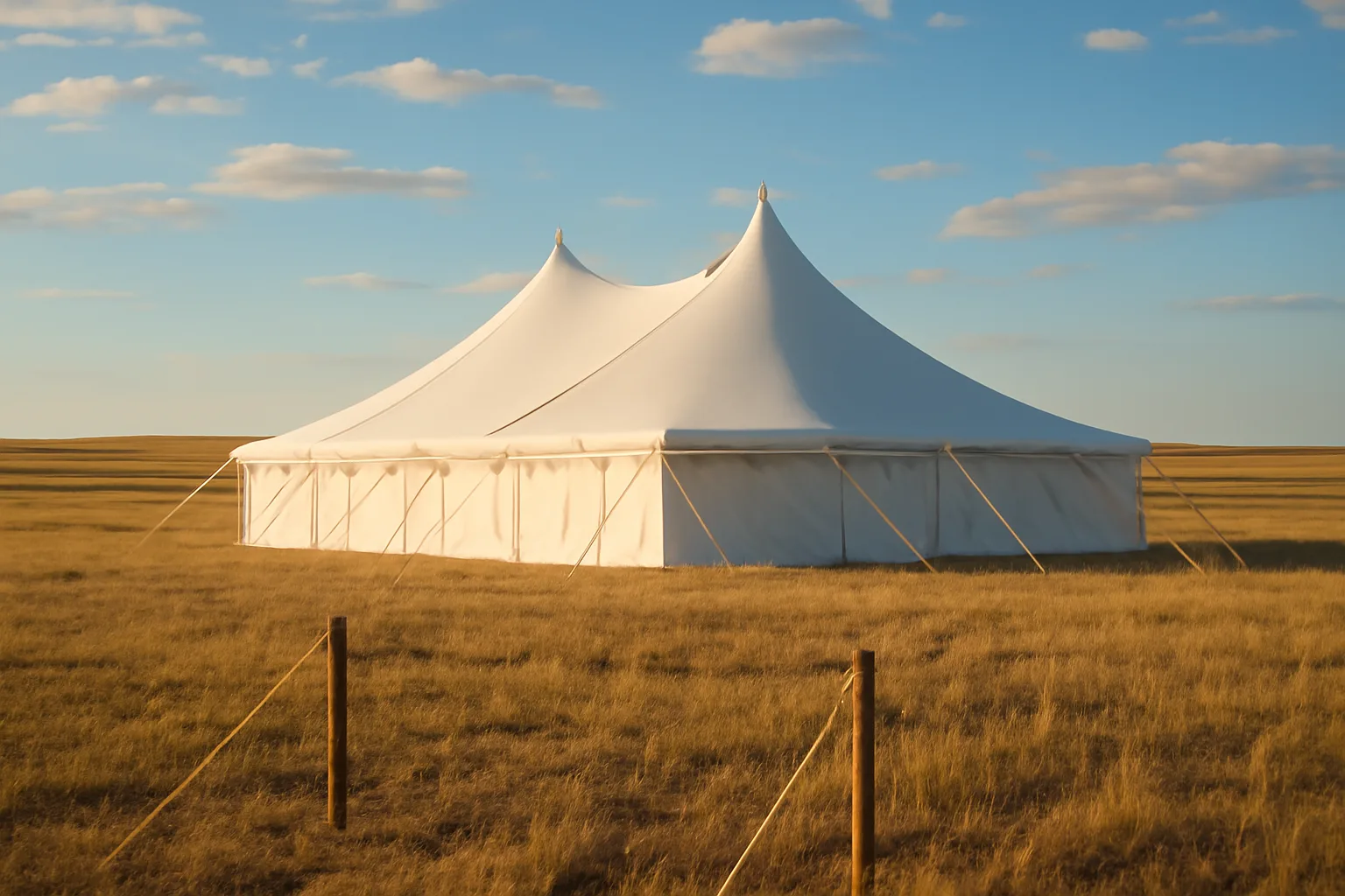 White pole tent on South Dakota prairie grassland under afternoon sunlight
