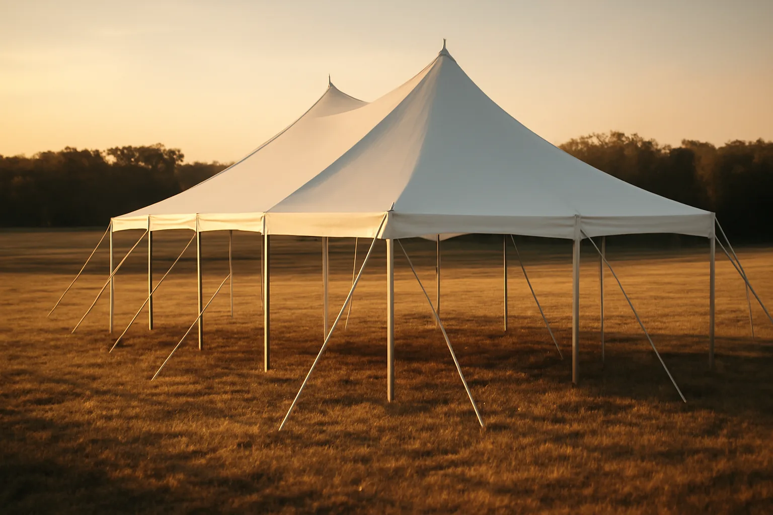 White frame tent staked in a Tennessee field at golden hour