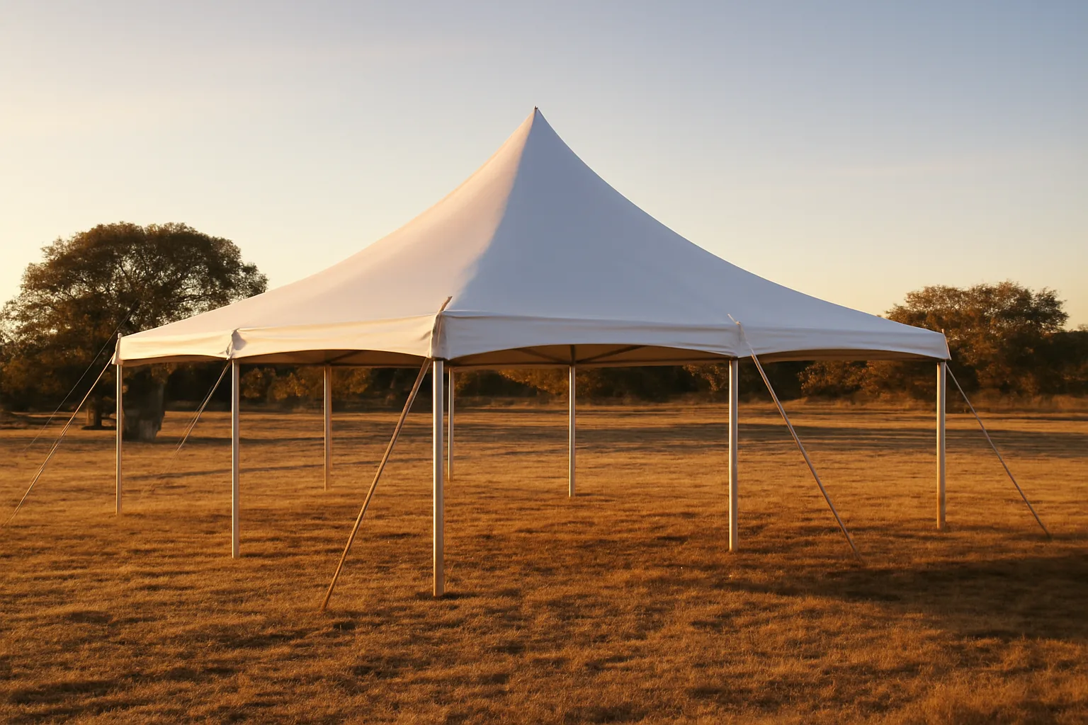 Large white frame tent set up on a Texas ranch at golden hour